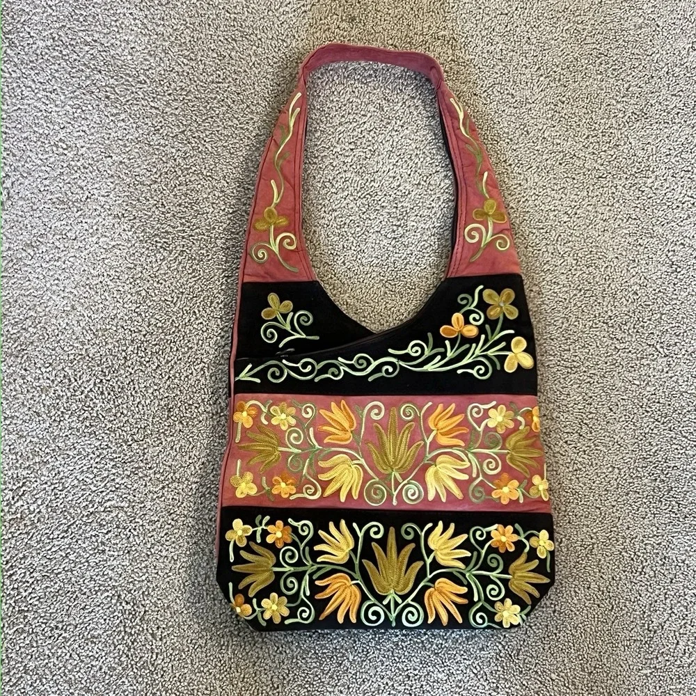 Embroidered Floral Boho Shoulder Bag Brown Pink‎ Hobo Purse Festival Hippie